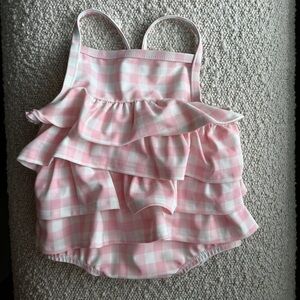 Mud Pie baby bathing suit 9-12m checkered pink and white with ruffles